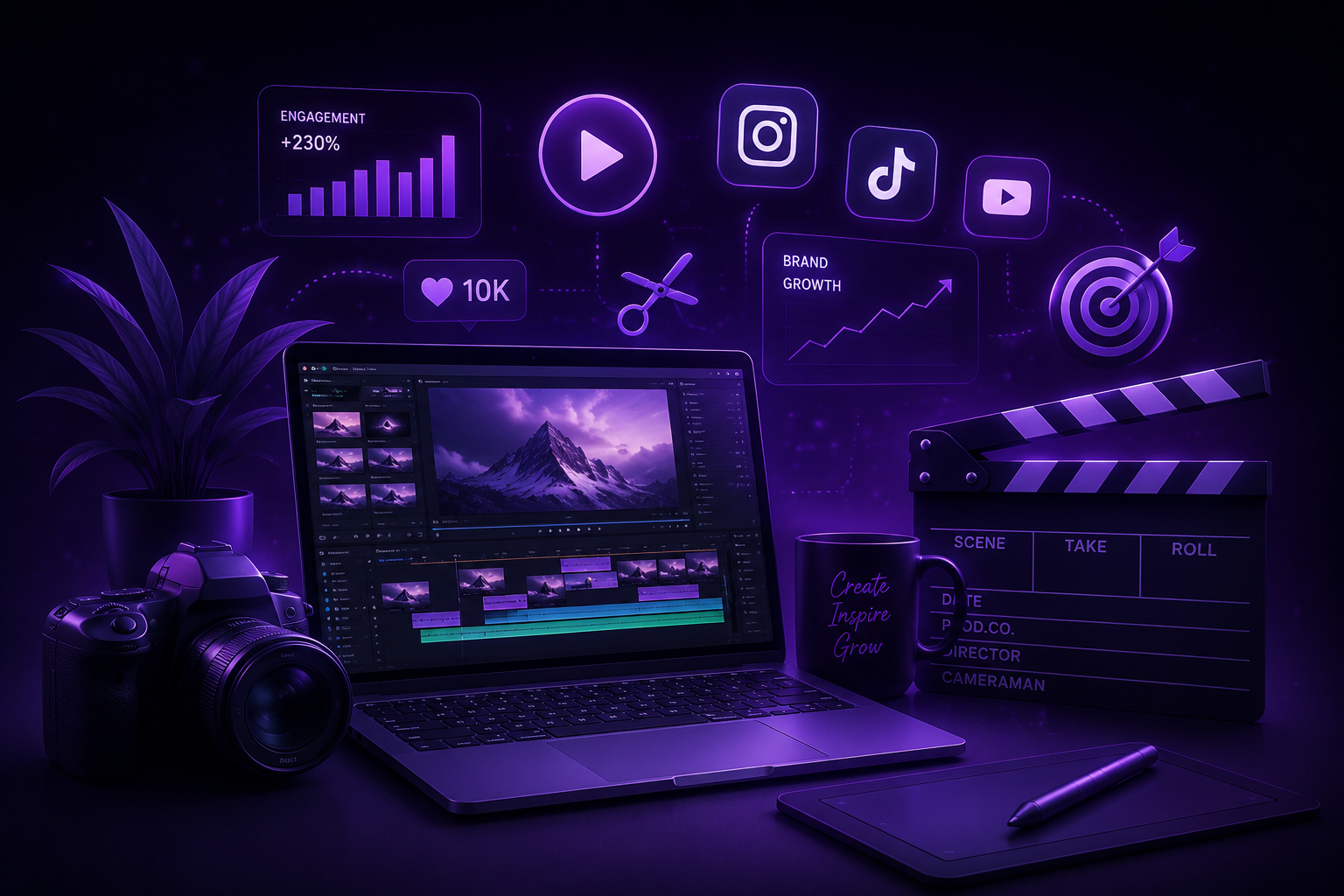 Creative video editing workspace with laptop, camera, and social media growth graphics representing Mifrah Asad's content creation process