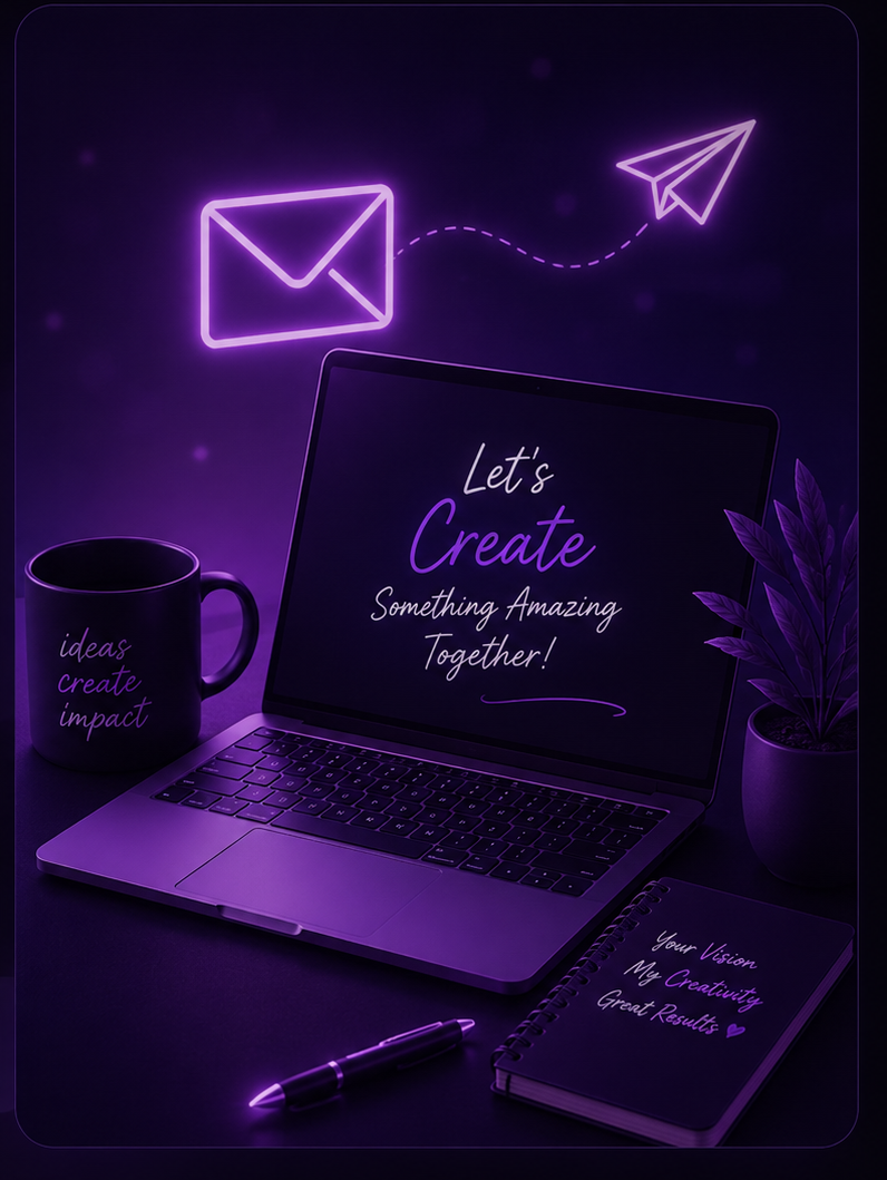 Laptop screen reading Let's Create Something Amazing Together, with a glowing envelope and notebook on a desk